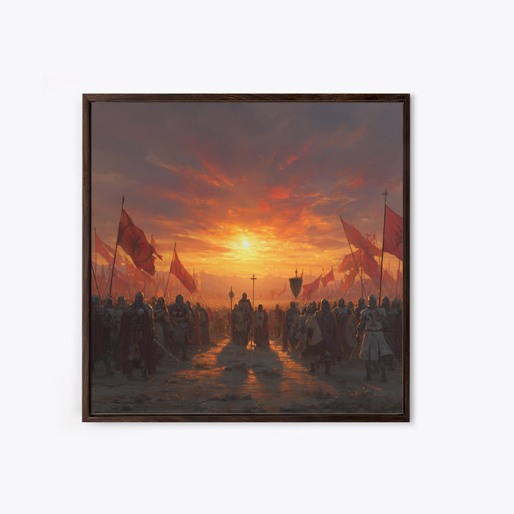 Medieval Army At Fiery Sunset Framed Canvas Print, Crusader Battle Wall Art, Epic Fantasy Decor, Historical Gift For Him
