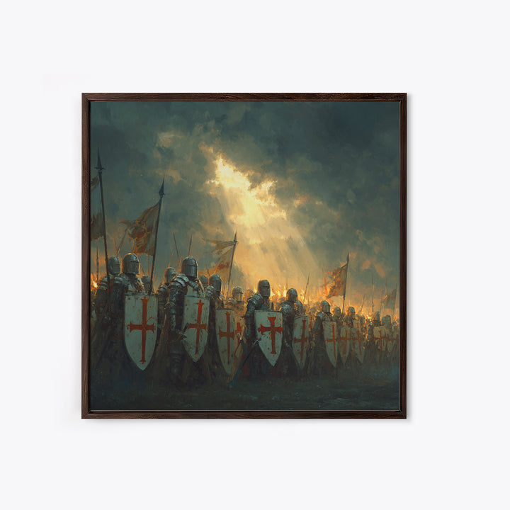 Crusader Knights With Shields Wall Art, Medieval Battle Scene, Religious History Decor, Dark Fantasy Framed Canvas Print
