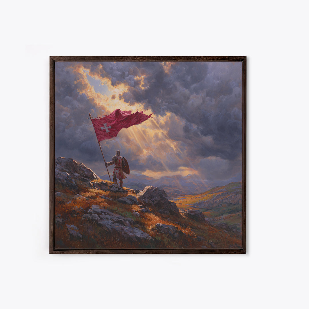Crusader Knight With Red Flag Framed Canvas Print, Medieval Wall Art, Stormy Mountain Landscape, Christian Warrior Decor