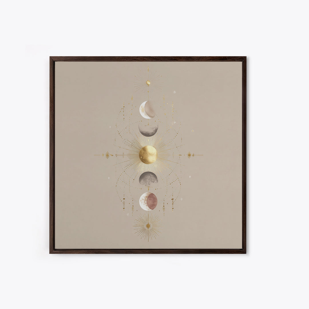 Celestial Moon Phase Wall Art, Gold Sun And Stars Canvas Print, Mystical Astrology Decor, Boho Neutral Bedroom Wall Decor