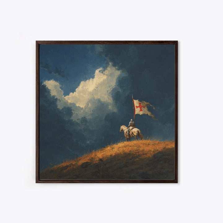 Medieval Knight On Horse With Tattered Flag Wall Art, Dramatic Fantasy Landscape, Gothic Medieval Decor, Warrior Gift Print