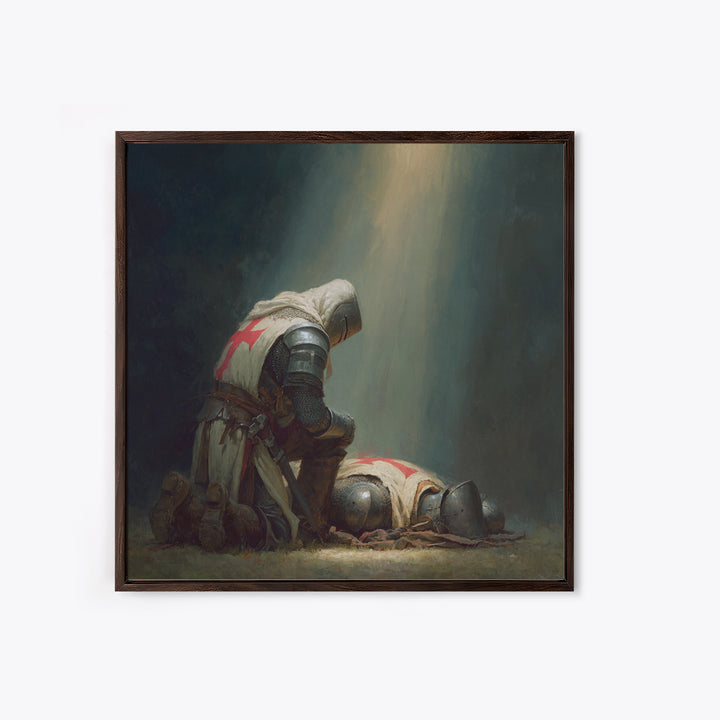 Praying Crusader Knight In Spotlight Canvas Print, Medieval Christian Wall Art, Templar Warrior Decor For Office And Home