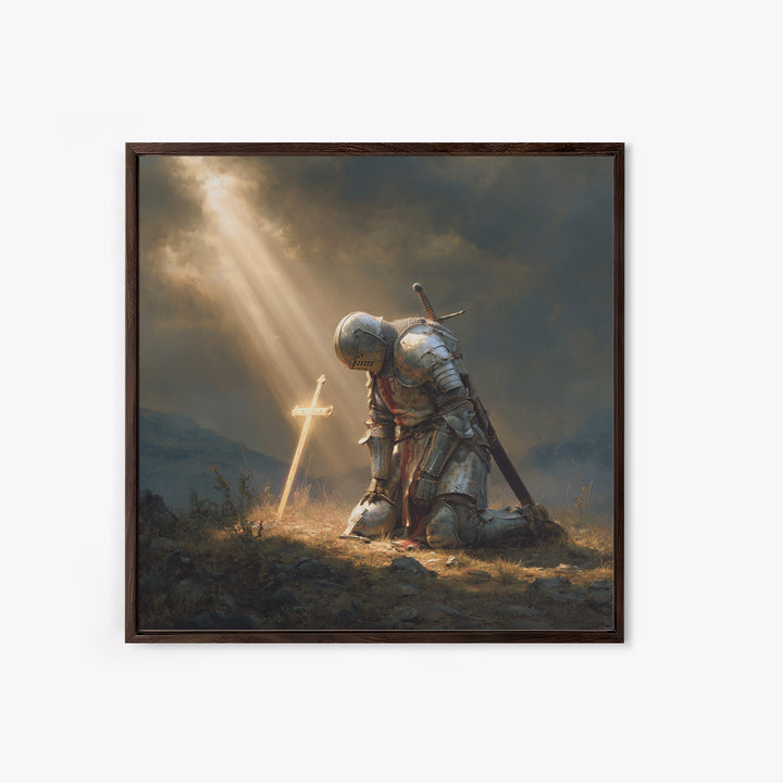 Kneeling Knight Before Glowing Cross Wall Art, Medieval Christian Painting, Inspirational Faith Decor, Gift For Men Poster