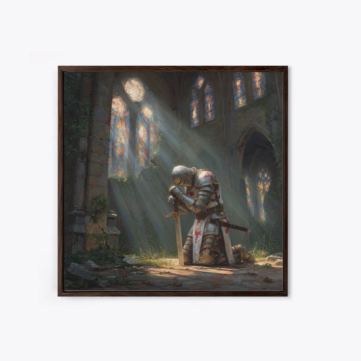 Kneeling Knight In Ruined Cathedral Framed Canvas Print, Medieval Fantasy Wall Art, Christian Decor, Gothic Gift For Him