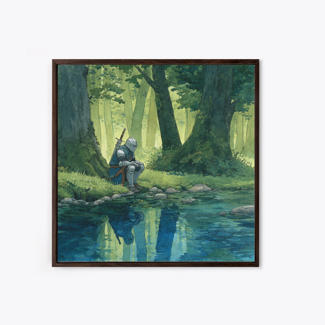 Solitary Knight Resting Beside Forest Stream Wall Art, Fantasy Art Print, Medieval Decor, Woodland Landscape, Gift For Him