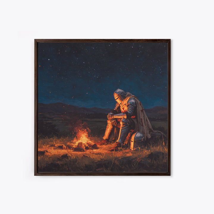 Solitary Knight By Campfire Wall Art, Starry Night Fantasy Canvas Print, Medieval Decor, Dark Academia Gift For Him, Moody Wall Decor