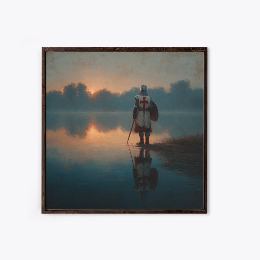 Lone Crusader Knight At Misty Lake Wall Art, Medieval Landscape Painting, Dark Academia Decor, Historical Framed Canvas Print