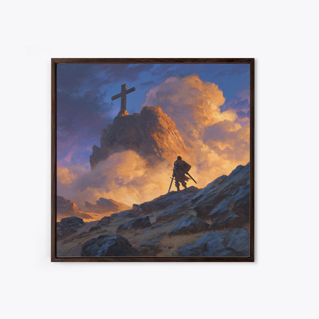Epic Warrior Climbing Mountain To Cross Wall Art, Christian Fantasy Canvas Print, Inspirational Decor, Faith Gift For Him