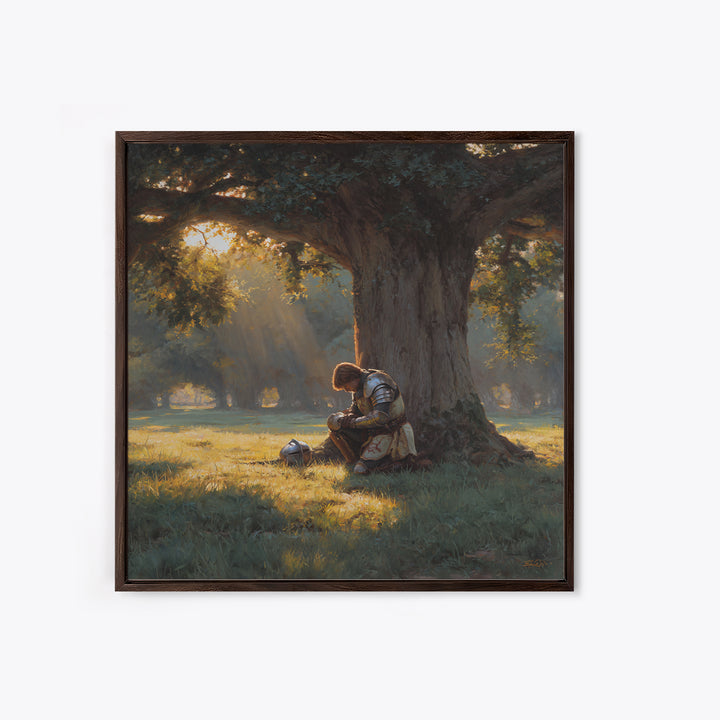 Praying Knight Beneath Ancient Oak Canvas Print, Medieval Fantasy Wall Art, Christian Warrior, Rustic Landscape Home Decor