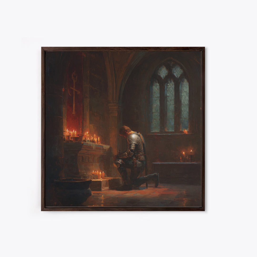 Kneeling Knight In Candlelit Chapel Wall Art, Gothic Medieval Canvas Print, Dark Academia Decor, Fantasy Christian Art Gift