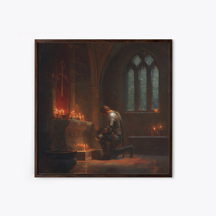 Kneeling Knight In Candlelit Chapel Wall Art, Gothic Medieval Canvas Print, Dark Academia Decor, Fantasy Christian Art Gift