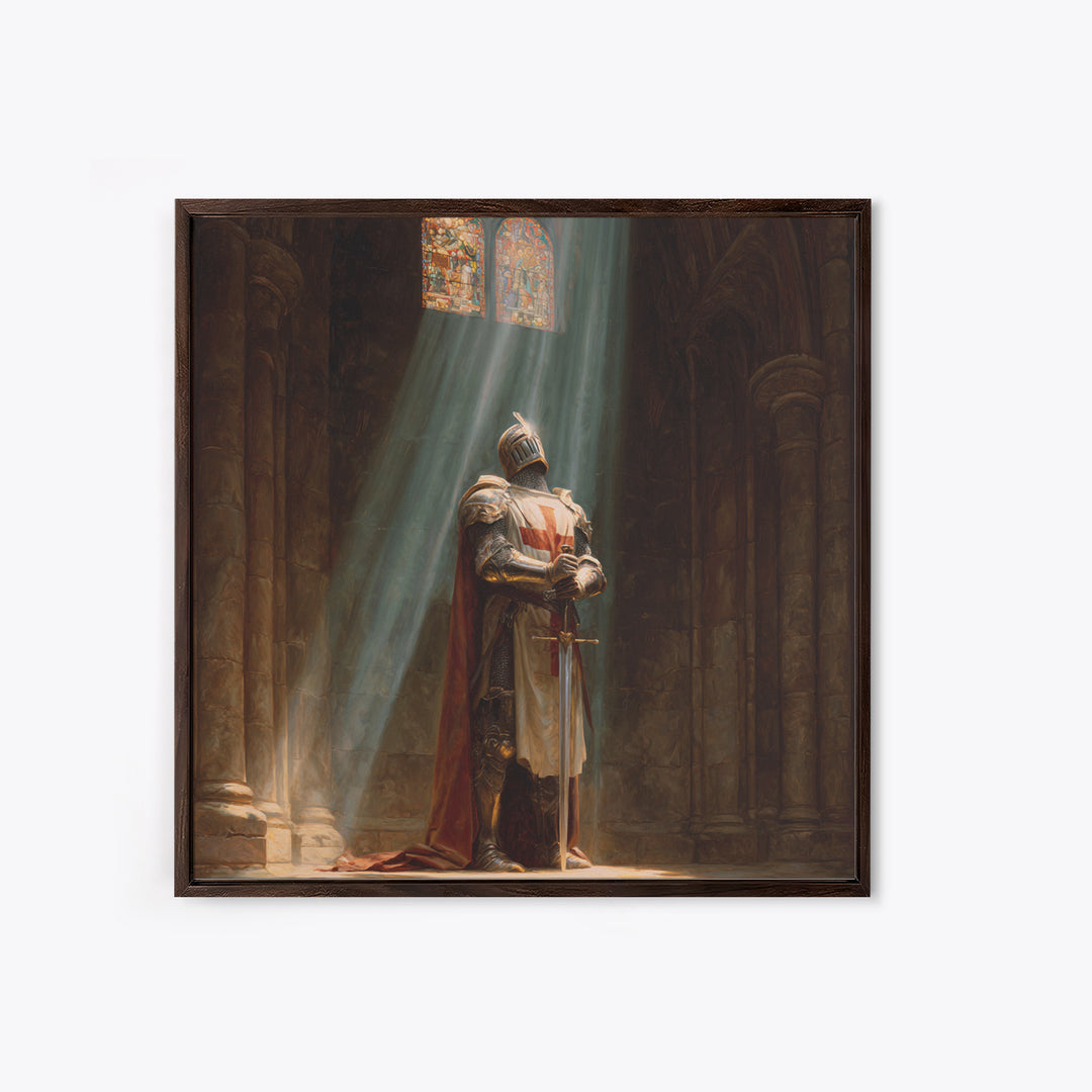 Medieval Knight Praying In Cathedral Light Framed Canvas Print, Gothic Wall Art, Christian Wall Decor, Fantasy Art Gift For Him