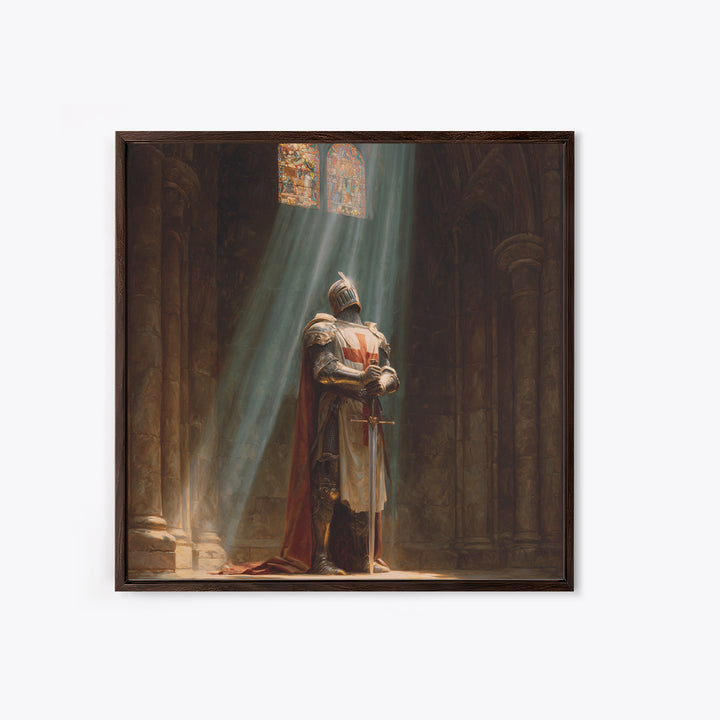Medieval Knight Praying In Cathedral Light Framed Canvas Print, Gothic Wall Art, Christian Wall Decor, Fantasy Art Gift For Him