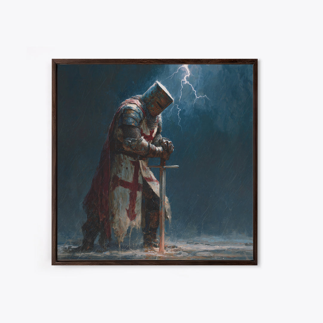Stormy Praying Knight With Sword Wall Art, Medieval Fantasy Canvas Print, Gothic Christian Dark Academia Home Decor, Gift For Him