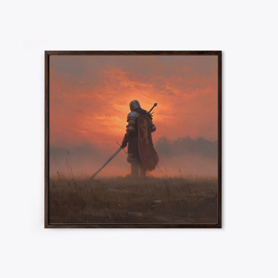 Lone Medieval Knight At Fiery Sunset Wall Art, Fantasy Warrior Canvas Print, Gothic Castle Decor, Dramatic Gift For Him Art