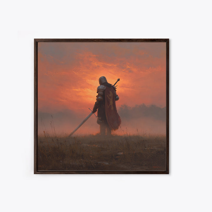 Lone Medieval Knight At Fiery Sunset Wall Art, Fantasy Warrior Canvas Print, Gothic Castle Decor, Dramatic Gift For Him Art