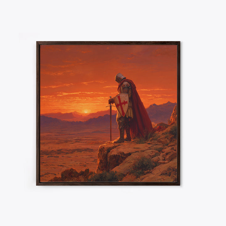 Crusader Knight At Sunset Canvas Print, Medieval Fantasy Art, Red Desert Landscape, Gothic Wall Decor, Gift For Him, Man Cave Decor