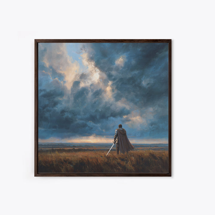 Lone Warrior Beneath Storm Clouds Wall Art, Medieval Fantasy Landscape Painting, Dark Academia Decor, Gift For Him Poster