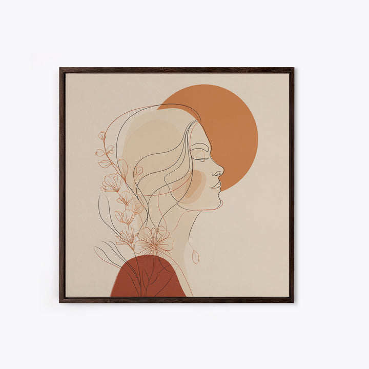 Floral Woman Line Art Canvas Print, Terracotta Sun Portrait Wall Art, Feminine Boho Decor, Minimalist Bedroom Art Print For Her