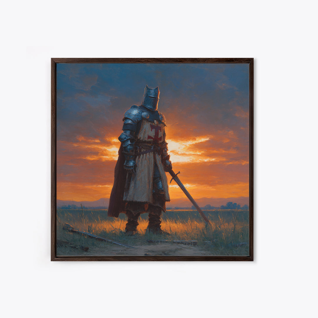 Medieval Knight At Sunset Framed Canvas Print, Crusader Wall Art, Fantasy Warrior Decor, Masculine Office Art, Gift For Him