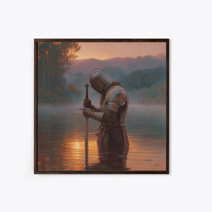 Armored Knight In Sunset River Wall Art, Medieval Fantasy Landscape Painting, Moody Rustic Decor, Historical Canvas Print