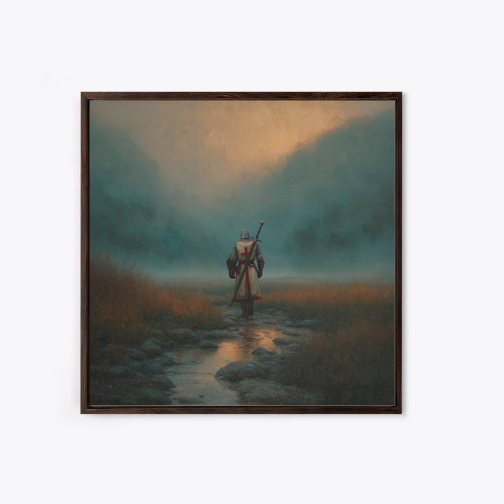 Foggy Knight Mountain Path Wall Art, Moody Fantasy Landscape Print, Medieval Warrior Decor, Rustic Home Decor Gift For Living Room