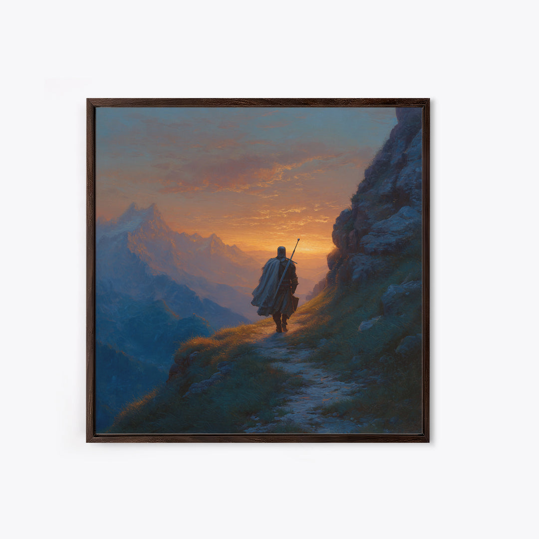 Lone Traveler On Mountain Path Wall Art, Sunset Fantasy Landscape Canvas Print, Epic Adventure Decor For Living Room Home Decor