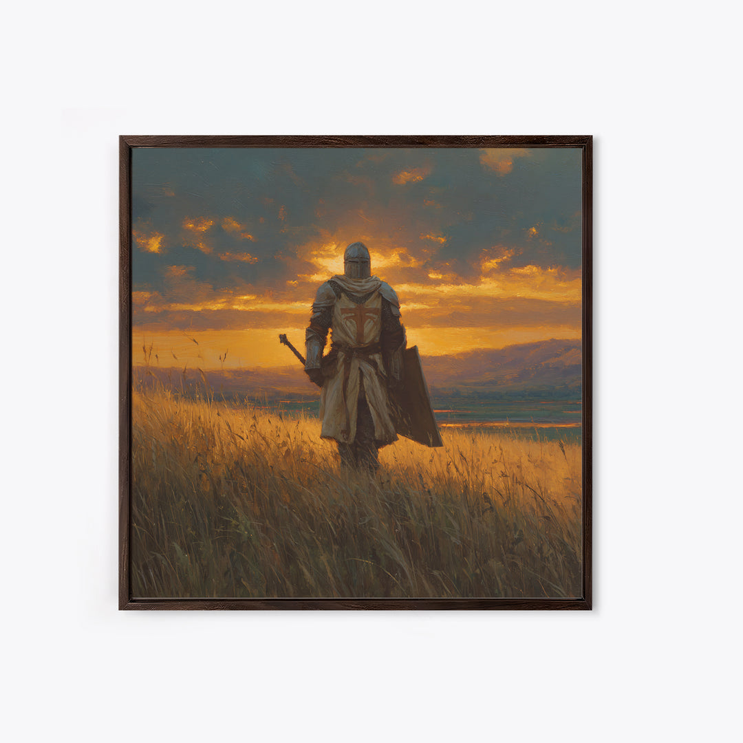 Lone Knight Sunset Field Canvas Print, Medieval Landscape Wall Art, Fantasy Warrior Decor, Rustic Home Decor, Gift For Him