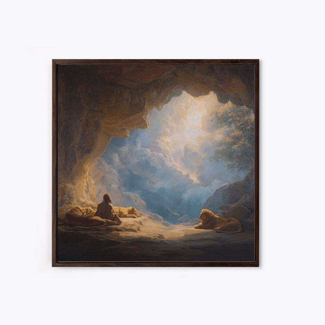 Cave Sanctuary With Lions And Heavenly Clouds Wall Art, Fantasy Landscape Canvas, Spiritual Home Decor, Mystical Gift Print
