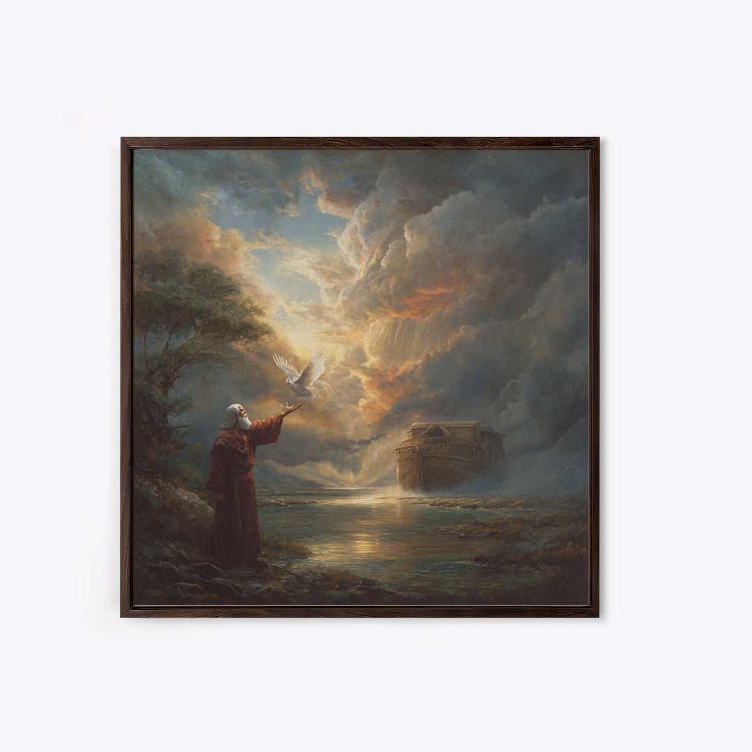 Noah Releasing Dove Before Storm Canvas Print, Biblical Wall Art, Christian Artwork, Dramatic Landscape Decor, Faith Gift