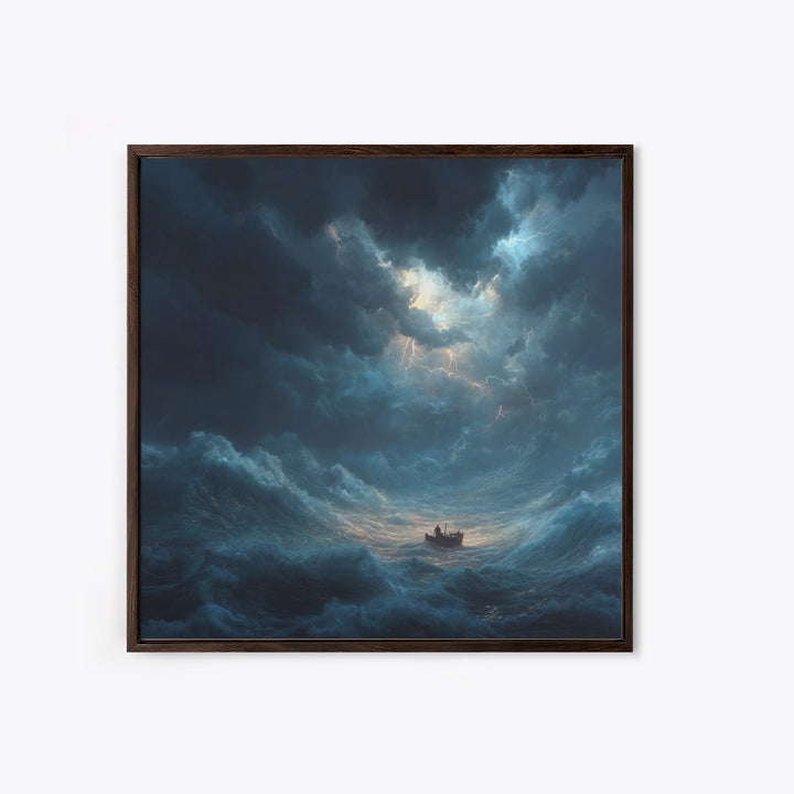 Tiny Boat In Stormy Ocean Wall Art, Dramatic Seascape Canvas Print, Nautical Coastal Decor, Moody Ocean Painting Gift For Him