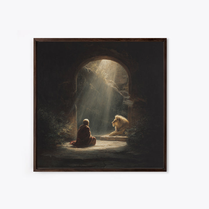Child And Lion In Sunlit Cave Wall Art, Spiritual Fantasy Painting, Inspirational Decor, Storybook Artwork, Unique Gift For Her