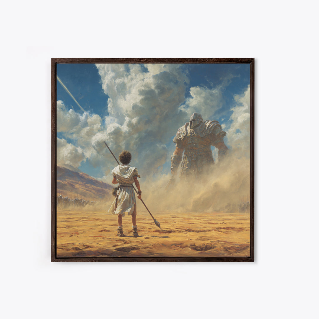 Young Warrior Facing Desert Giant In Dust Canvas Print, Biblical Wall Art, Fantasy Decor, David And Goliath Gift For Him
