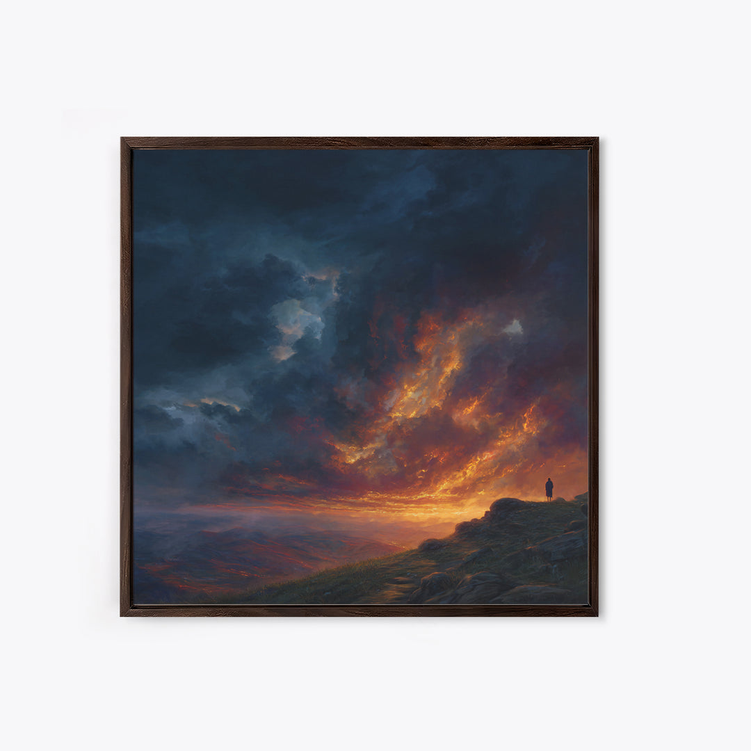 Lone Figure Under Fiery Storm Clouds Wall Art, Dramatic Landscape Canvas Print, Moody Fantasy Decor, Statement Artwork Gift