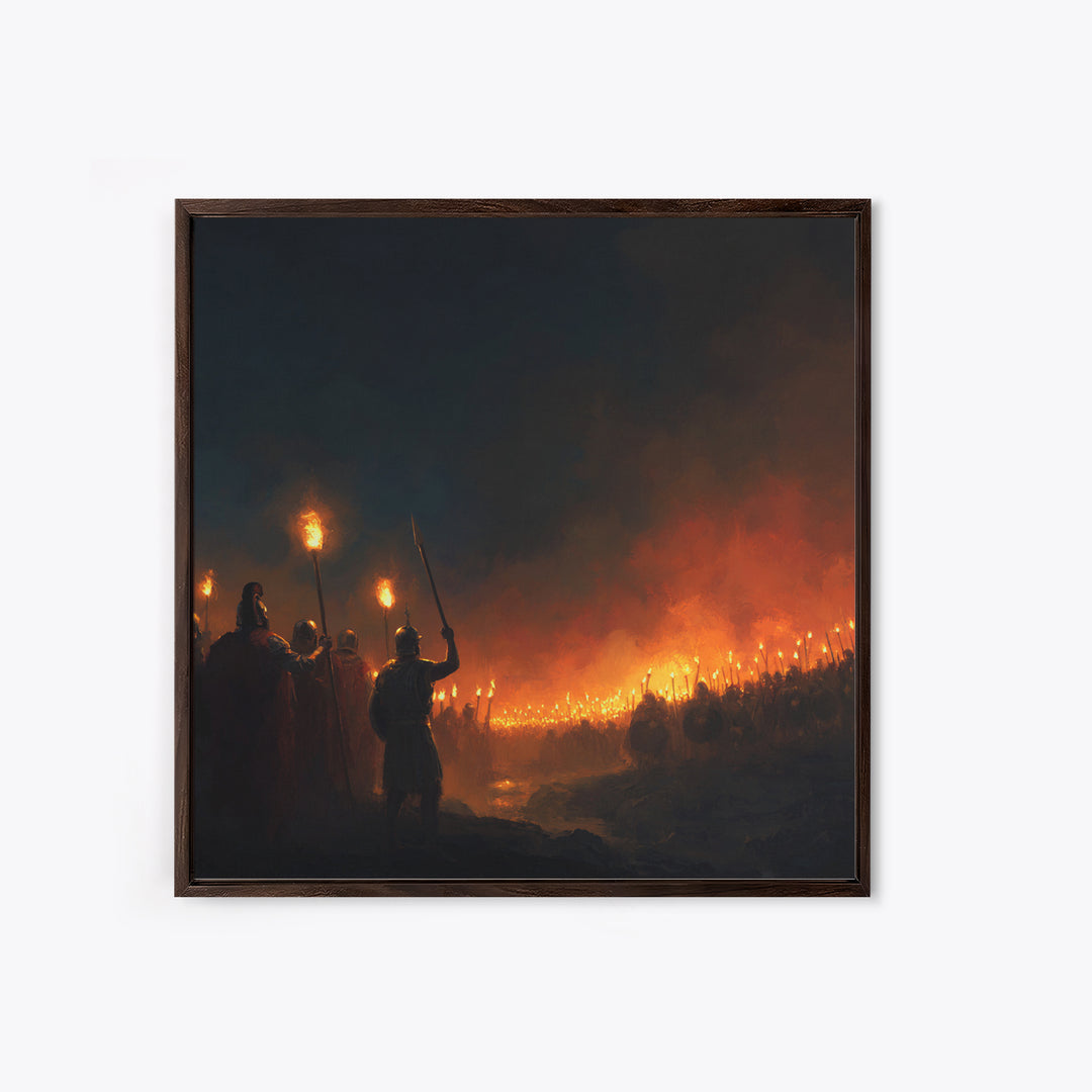 Torchlit Ancient Army At Night Wall Art, Dark Fantasy Canvas Print, Warrior Battle Scene, Moody Medieval Decor, Man Cave Gift