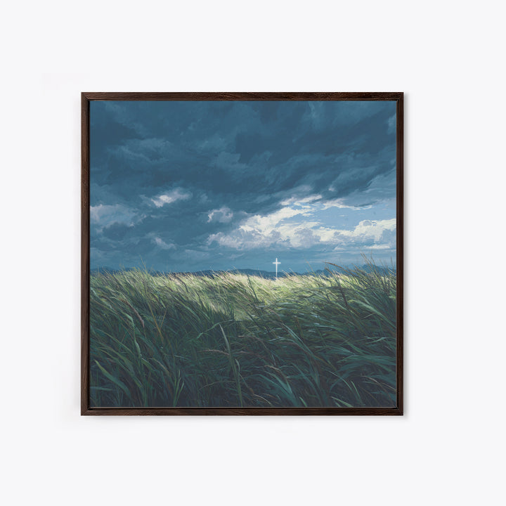 Stormy Field With Glowing Cross Wall Art, Christian Canvas Print, Moody Landscape Decor, Faith Inspired Prayer Room Art, Gift