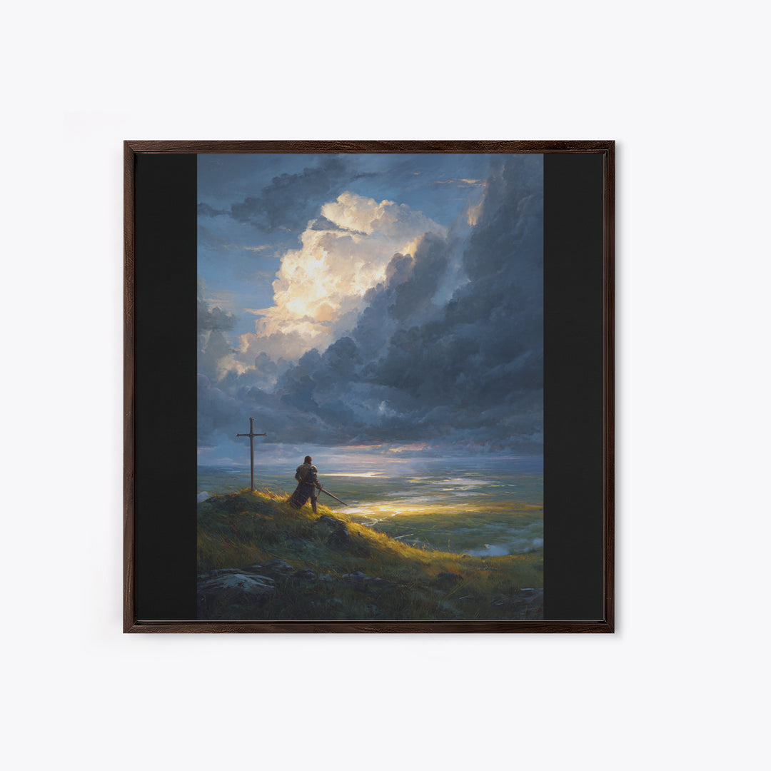 Lone Knight At Cross Under Storm Clouds Framed Canvas Print, Christian Wall Art, Dramatic Landscape, Faith Home Decor Gift