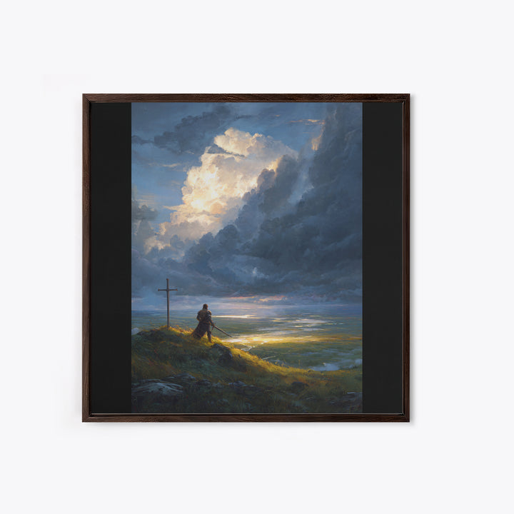 Lone Knight At Cross Under Storm Clouds Framed Canvas Print, Christian Wall Art, Dramatic Landscape, Faith Home Decor Gift