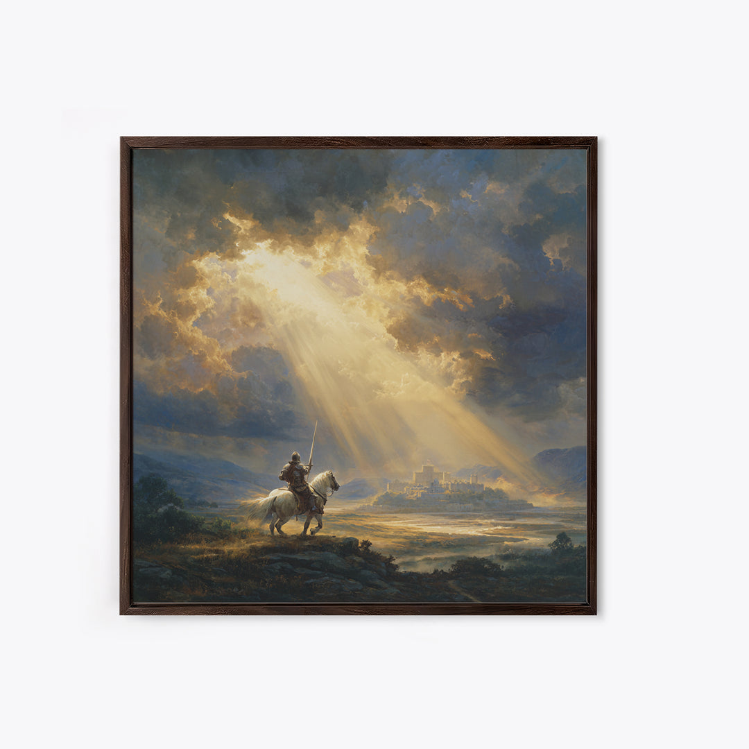 Mounted Knight Beneath Sunbeams Framed Canvas Print, Medieval Landscape Wall Art, Christian Artwork, Castle Decor Gift For Him
