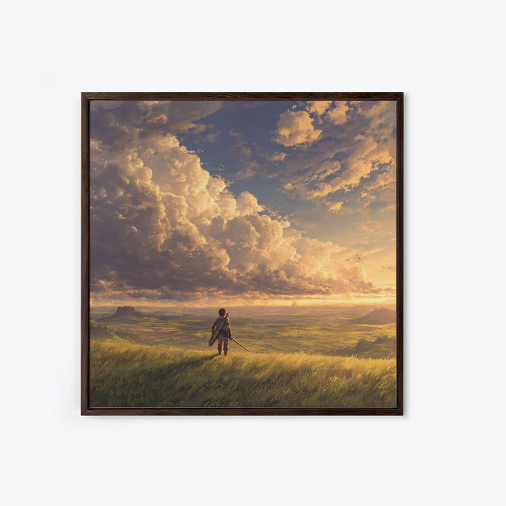 Lone Traveler Under Golden Clouds Wall Art, Fantasy Landscape Painting, Adventure Canvas Print For Bedroom And Living Room Decor