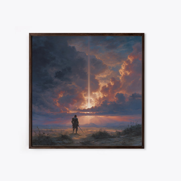 Lone Warrior Under Divine Sky Canvas Print, Fantasy Landscape Art, Dramatic Cloudscape Wall Decor, Medieval Adventure Gift For Him