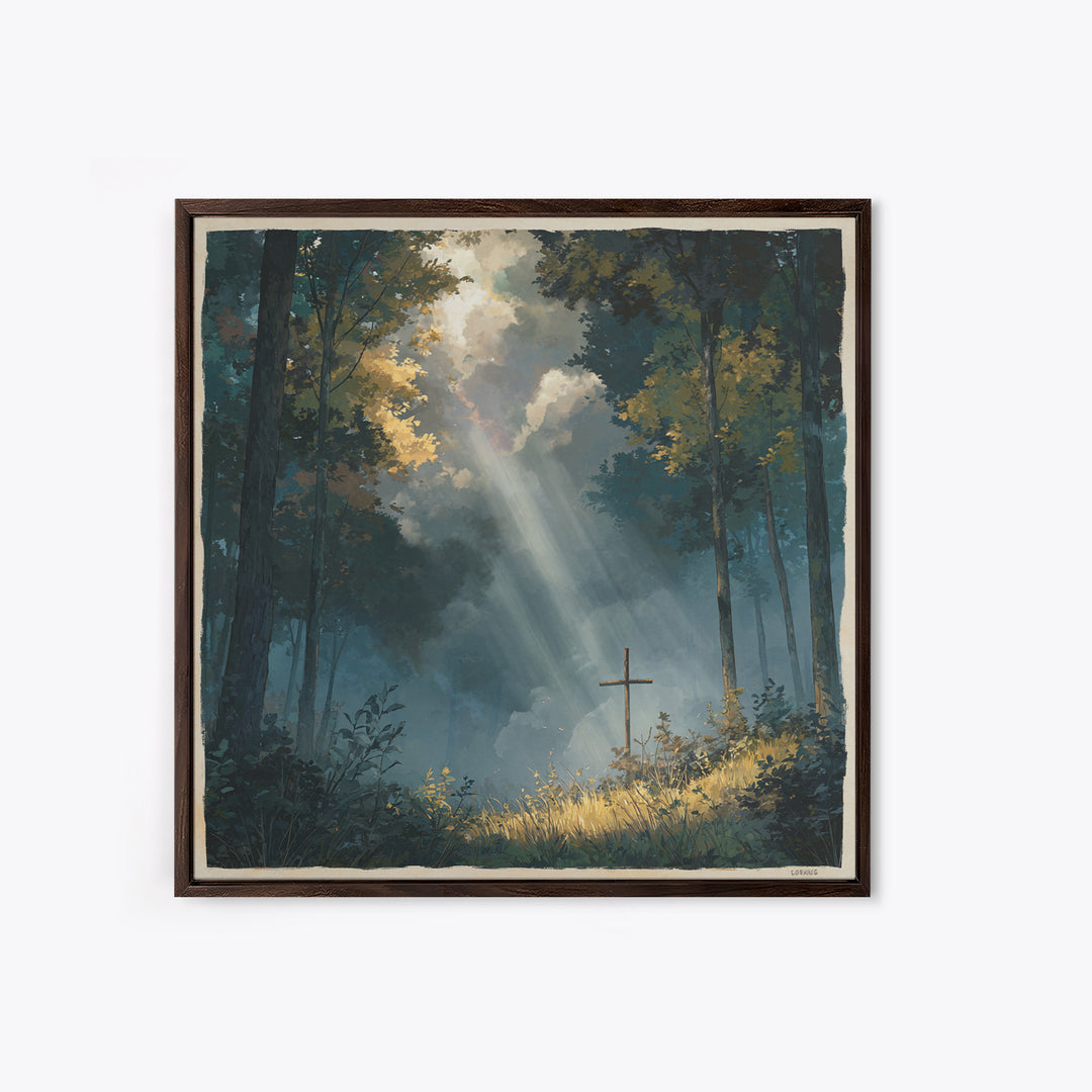 Sunbeams Over Forest Cross Wall Art, Peaceful Christian Canvas Print, Spiritual Nature Decor, Prayer Room Artwork, Faith Gift