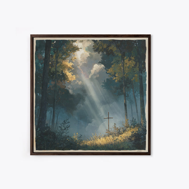 Sunbeams Over Forest Cross Wall Art, Peaceful Christian Canvas Print, Spiritual Nature Decor, Prayer Room Artwork, Faith Gift