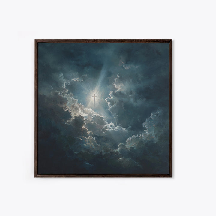 Radiant Cross In Storm Clouds Wall Art, Christian Inspirational Canvas Print, Spiritual Home Decor, Prayer Room Gift For Her