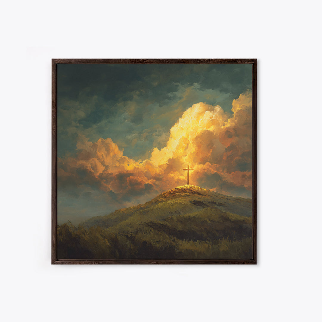 Glowing Cross On Hilltop Wall Art, Christian Landscape Canvas Print, Inspirational Clouds, Religious Home Decor Gift For Her
