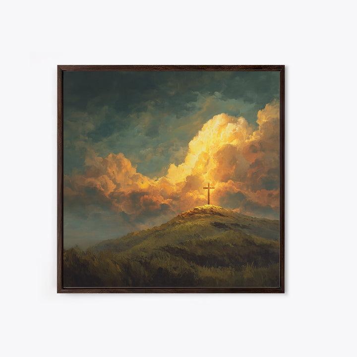 Glowing Cross On Hilltop Wall Art, Christian Landscape Canvas Print, Inspirational Clouds, Religious Home Decor Gift For Her