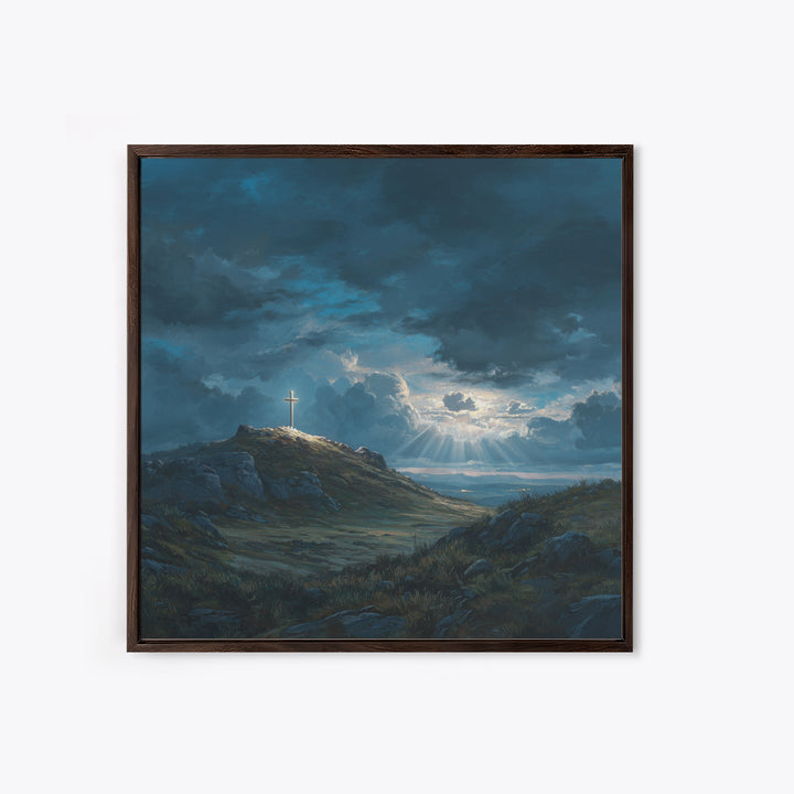 Glowing Cross On Stormy Hill Wall Art, Dramatic Christian Landscape Painting For Prayer Room Decor And Spiritual Gift Idea