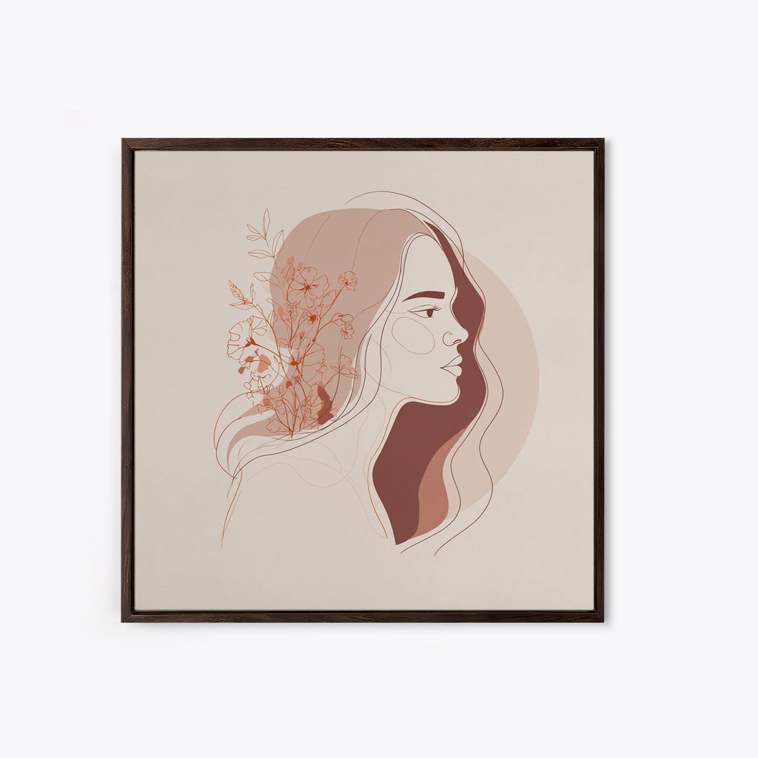 Terracotta Floral Woman Wall Art, Minimalist Line Portrait Canvas Print, Feminine Boho Decor, Neutral Bedroom Art Print For Her