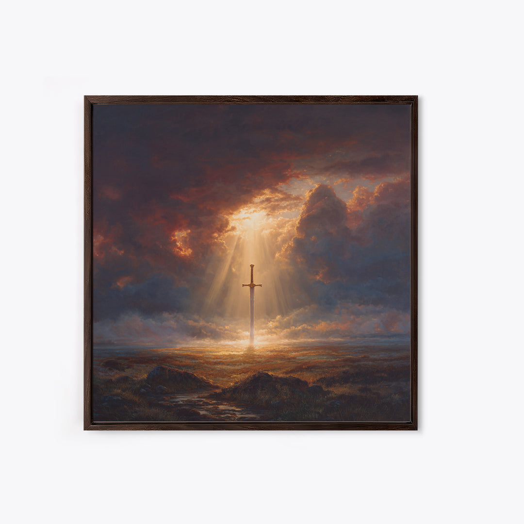Sword Of Light In Stormy Field Framed Canvas Print, Christian Symbol Painting, Dramatic Landscape Wall Decor, Faith Gift