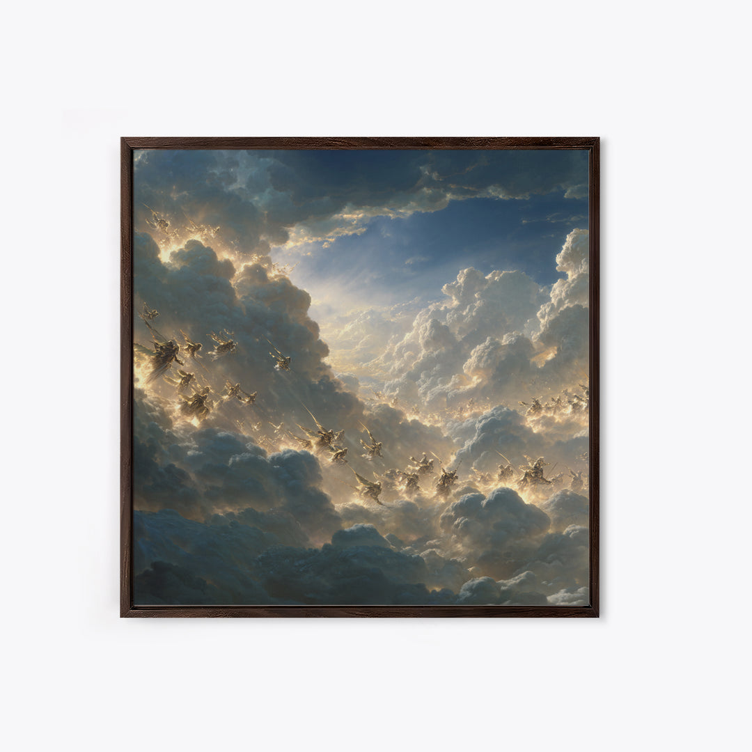 Angelic Riders In Storm Clouds Wall Art, Celestial Christian Canvas Print, Fantasy Sky Battle, Spiritual Living Room Decor